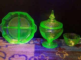 Vintage Uranium Green Depression Glass Candy,  Cup,  Relish Dish Princess Pattern