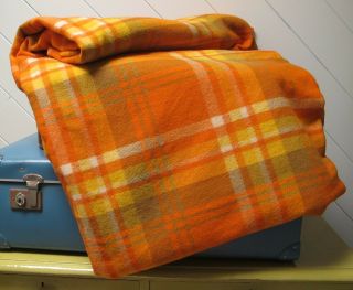 Blanket Pure Wool Check Plaid Orange 70s Vintage Queen Bed Retro Tartan