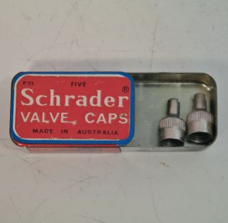 Vintage Schrader Valve Cap Tin With Valves Rarer Australian Made