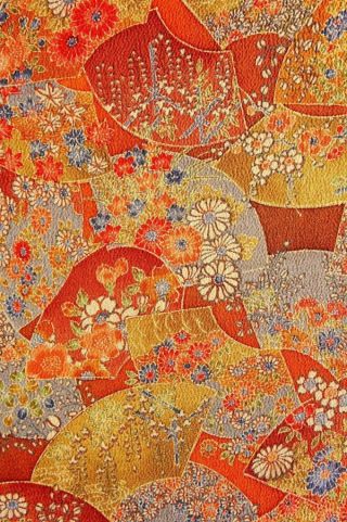 Vintage Japanese Kimono Silk Fabric | Orange Crepe Fan Flowers 63 " | Long Piece
