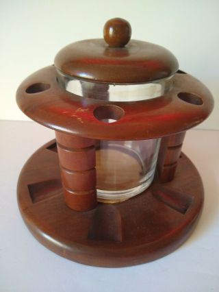 Vintage Walnut Wood 6 Pipe Holder Rack Stand With Humidor Glass And Lid