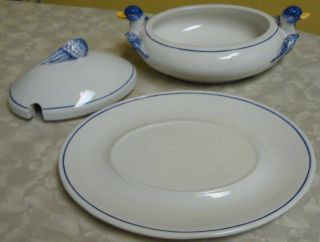 Vtg Porcelain Covered Gravy Bowl Tureen w/ Untatched Under Plate Ducks 4