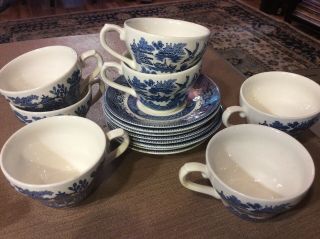 Set Of 7 Vintage Blue Willow Churchill Tea Cups Saucers England