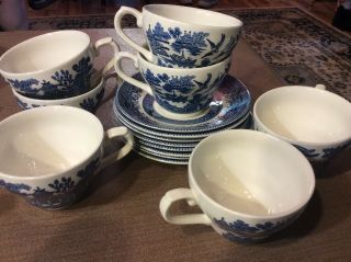 Set Of 7 Vintage Blue Willow Churchill Tea Cups Saucers England 2