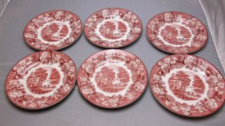 6 Vintage Enoch Woods Woods Ware English Scenery Luncheon Side Plates,  Red Pink