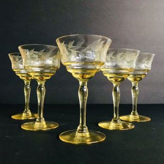 5 Vintage Topaz Yellow Etch Wheat Depression Glass Cordial Stemware Goblets Eapg