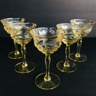5 Vintage Topaz Yellow Etch Wheat Depression Glass Cordial Stemware Goblets EAPG 2