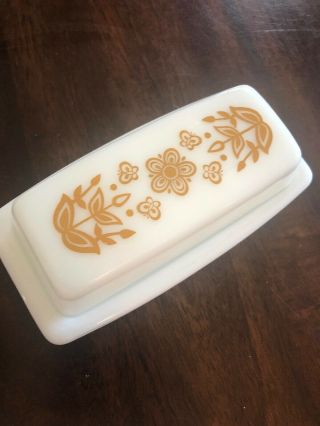 Vintage Pyrex Butterfly Gold Butter Dish White Opal Patterned Lid Yellow Orange