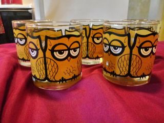 Vintage Mid Century Owl Low Ball Drinking Glasses Set Of 5 Signed M Petti