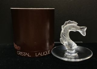 Vintage Lalique Crystal Koi Fish Ring Trinket Dish Tray Box Signed