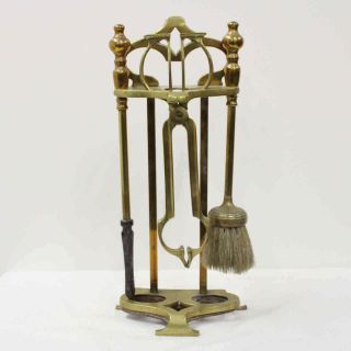 Vintage Brass 3 Piece Fireplace Mini Tool Set On Stand Tongs Broom And Poke 405