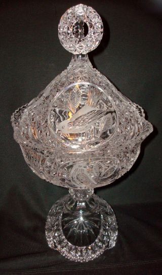 Vintage Hofbauer Byrdes Germany Lead Crystal Art Glass Birds 13 ½” Candy Compote
