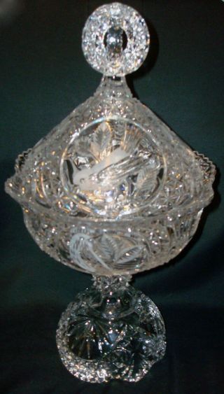 Vintage Hofbauer Byrdes Germany Lead Crystal Art Glass Birds 13 ½” Candy Compote 2
