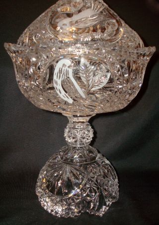 Vintage Hofbauer Byrdes Germany Lead Crystal Art Glass Birds 13 ½” Candy Compote 4