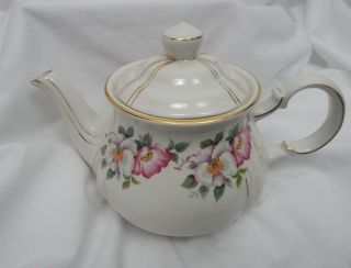 Vintage Sadler England Teapot Ivory With Pink & White Flowers And Gold Trim
