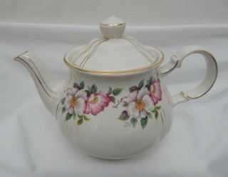VINTAGE SADLER ENGLAND TEAPOT IVORY WITH PINK & WHITE FLOWERS AND GOLD TRIM 2