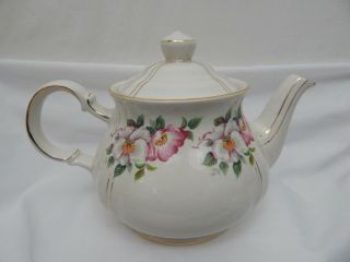 VINTAGE SADLER ENGLAND TEAPOT IVORY WITH PINK & WHITE FLOWERS AND GOLD TRIM 3