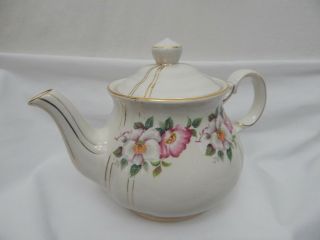 VINTAGE SADLER ENGLAND TEAPOT IVORY WITH PINK & WHITE FLOWERS AND GOLD TRIM 4