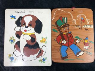 Two Vintage Kids Wood Tray Puzzles Likit Toys Soldier & Fisher Price Puppy 556