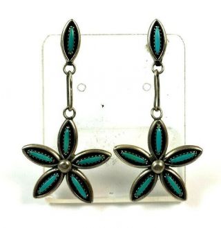 Vintage Zuni Sterling Silver Turquoise Flower Earrings.  Signed