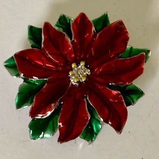 Vintage Silver Tone Enamel Christmas Poinsettia Flower Brooch Pin Jewelry