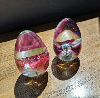 2 Vintage Signed Msh Mount Saint Helens Glass Egg Swirl Opalescent Paperweight