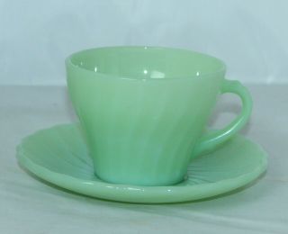 Vintage Anchor Hocking Fire King Jadeite Swirl Shell Glass Coffee Cup & Saucer