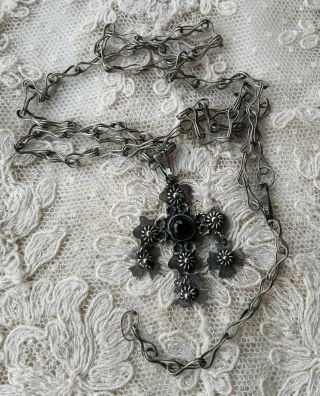 Vintage Taxco Sterling Onyx Jerusalem Cross Pendant Necklace
