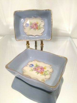 Vintage Set Of 2 Small Porcelain Gold Rimmed Floral Blue Open Salt Dishes