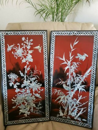 Vintage Mother Of Pearl Wood Oriental Red Lacquer Wall Plaque Picture Chinese