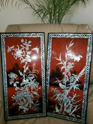 VINTAGE Mother of Pearl wood Oriental Red lacquer wall plaque picture Chinese 2