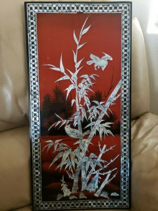 VINTAGE Mother of Pearl wood Oriental Red lacquer wall plaque picture Chinese 6