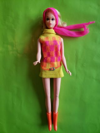 Mod Era Vintage 1970s Walking Jamie Barbie Outfit,  Htf Scarf And Boots