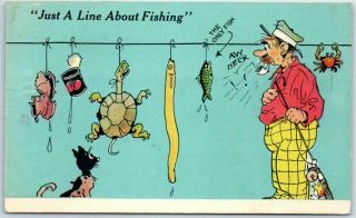 Vintage 1940s Ray Walters Postcard " Just A Line About Fishing " Soc Canada Cf - 13