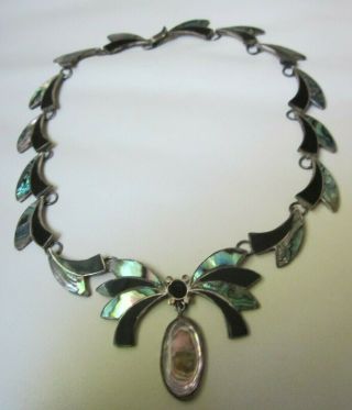 Icm Signed Necklace / Choker Vintage Mexico Sterling Silver Abalone Black Onyx