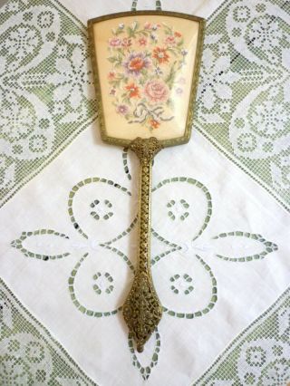 Antique Vintage Hand Mirror Petit Point Embroidery Flowers Gilded Brass Frame
