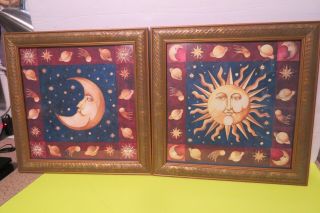 Vintage Set Of 2 Prints Sun & Moon Face Astrology Deco Framed Glass Protected