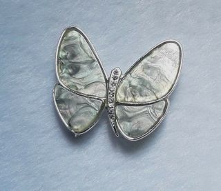 Vintage Butterfly Moth Abalone Rhinestone Silver Tone Brooch Pin Euc