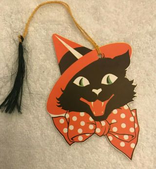 1930s Gibson Vintage Halloween Bridge Tally Card - Smiling Cat In Witchhat - 3.  25 "