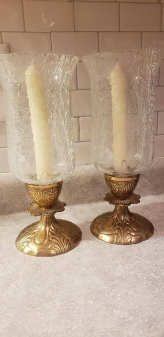 Vintag Brass Candle Holders Pair With Crackled Glass Domes 10 1/2 " Tall