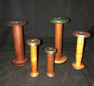Vintage 5 Solid Wooden Spools Sewing Textile Spindles Farm House Decor
