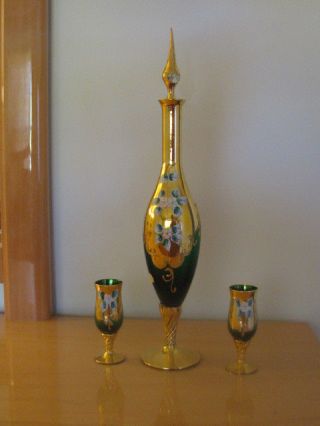 Vintage Italian Mirano Venetian Decanter And Two Glass Gold Gilded Hand Painted