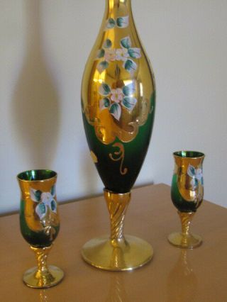Vintage Italian Mirano Venetian Decanter and Two Glass Gold Gilded Hand Painted 2