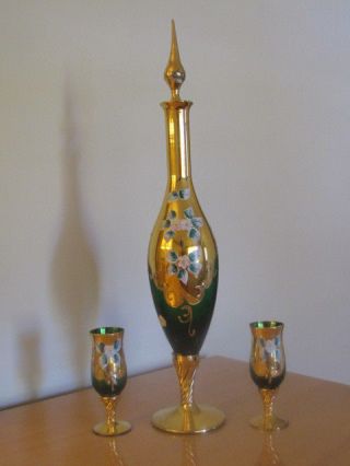 Vintage Italian Mirano Venetian Decanter and Two Glass Gold Gilded Hand Painted 3