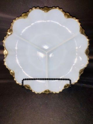 Vintage White Milk Glass Divided Serving Platter Relish Plate Dish Gold Trim Box