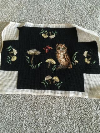 Vintage 70s Completed Owl In Nature Needlepoint Wall Decor 9” By 13” Black