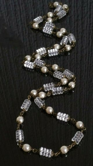 Czech Very Long Clear And Glass Pearl Bead Necklace Vintage Deco Style