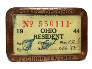 1944 State Of Ohio Resident Fishing License,  Pin/badge With Metal Holder