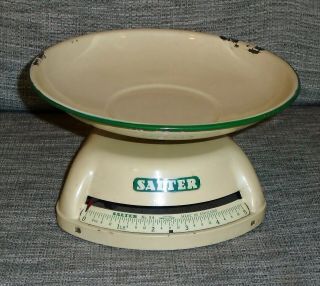 Great Vintage Set Cream & Green Salter Kitchen Weighing Scales With Enamel Pan