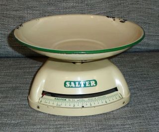Great Vintage Set Cream & Green Salter Kitchen Weighing Scales With Enamel Pan 3